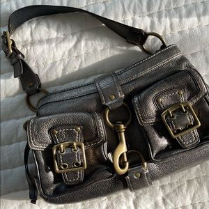 Coach Pewter Leather Satchel with Brass Hardware